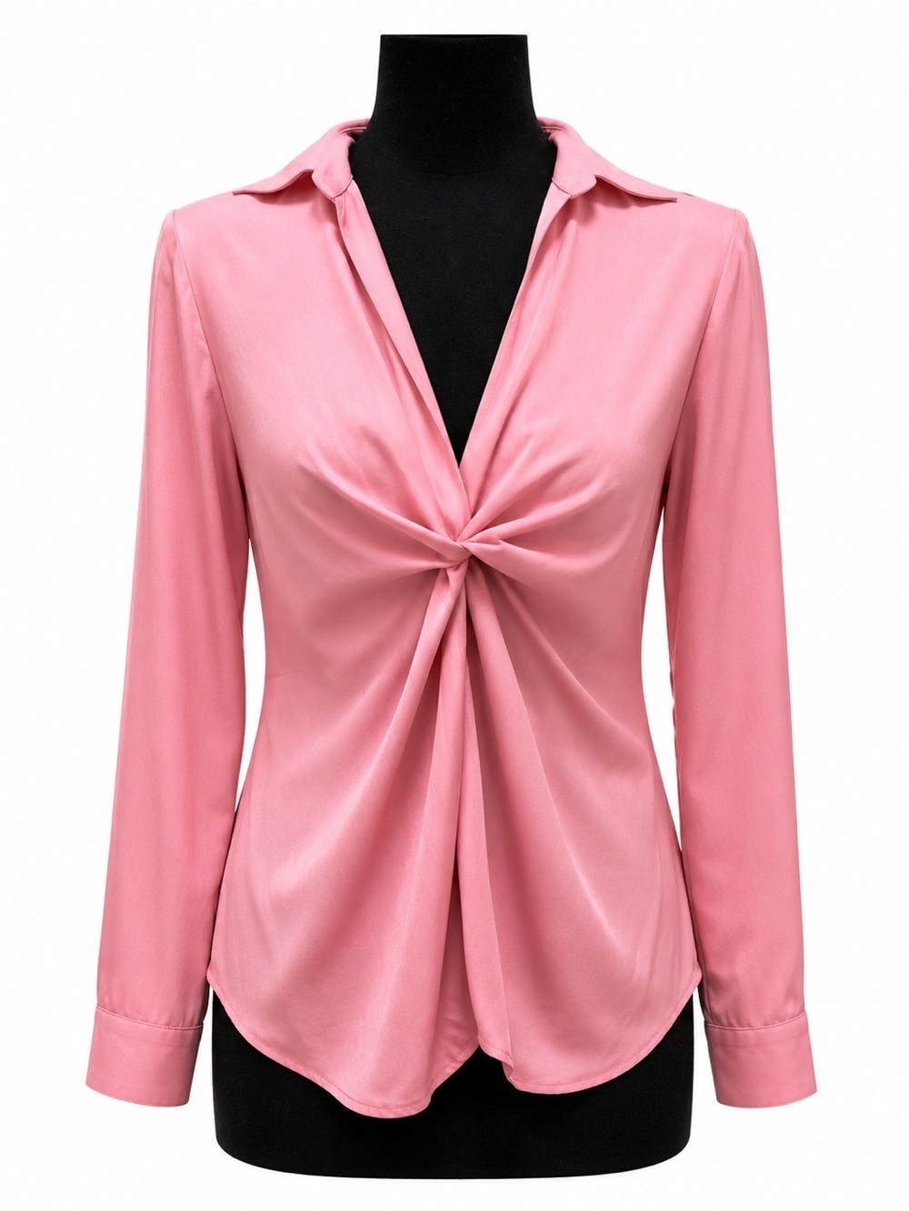 PINK LONG SLEEVE V NECK TWIST CENTERED BLOUSE